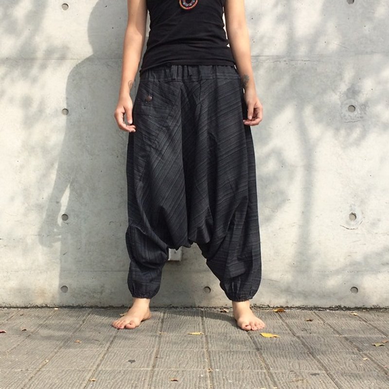 Travel Pants - Alibaba Pants (Late Night) (Single Pocket) (Striped Cotton) - กางเกงขายาว - ผ้าฝ้าย/ผ้าลินิน สีดำ