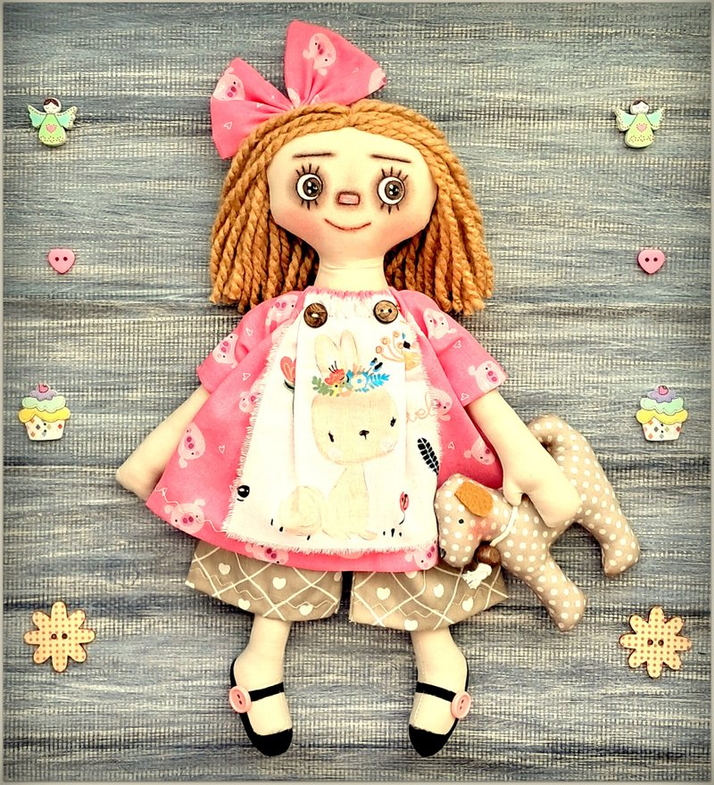 Fabric doll Alice Primitive Raggedy Doll,stuffed doll, cloth doll, handmade - ตุ๊กตา - ผ้าฝ้าย/ผ้าลินิน สึชมพู