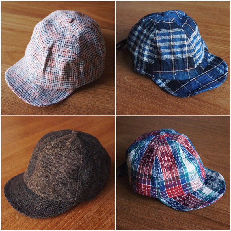 A variety of colors sunscreen short eaves six-piece cap yam plant dyed blue and red lattice hand-woven cloth for men and women, the same style - หมวก - ผ้าฝ้าย/ผ้าลินิน สีน้ำเงิน