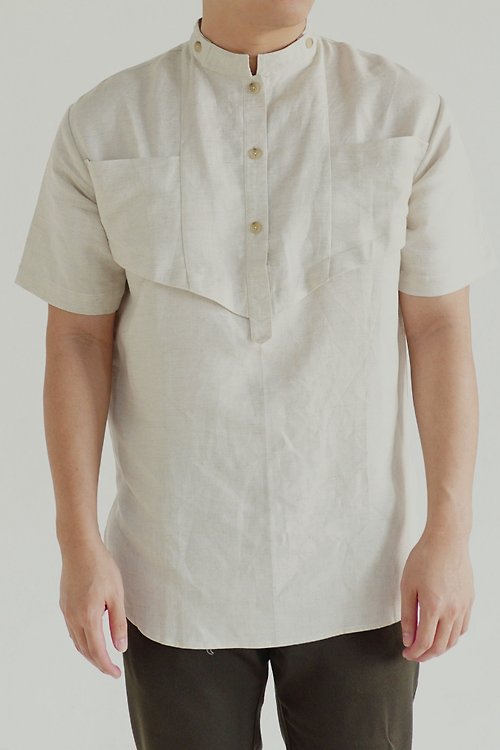 VÏNN Oatmeal Linen Men Mao Collar Shirt Beige