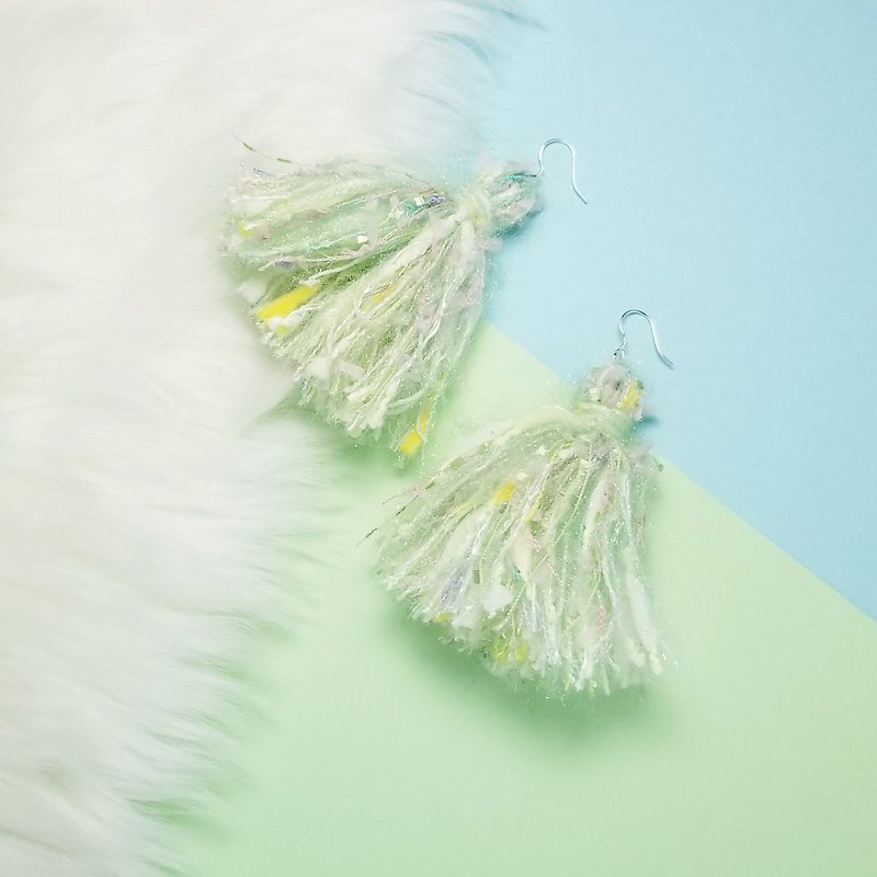 Mixed knit fringes earring (Pastel Green/Pastel Pink/Off White/Yellow) - ต่างหู - เงินแท้ สีเขียว