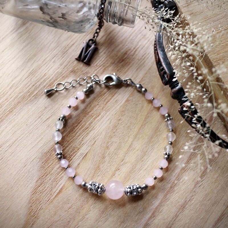 Muse Fashion Series NO.12 Mother's Day pink rose quartz natural stone ornate silver bracelet - Bracelets - Gemstone Pink
