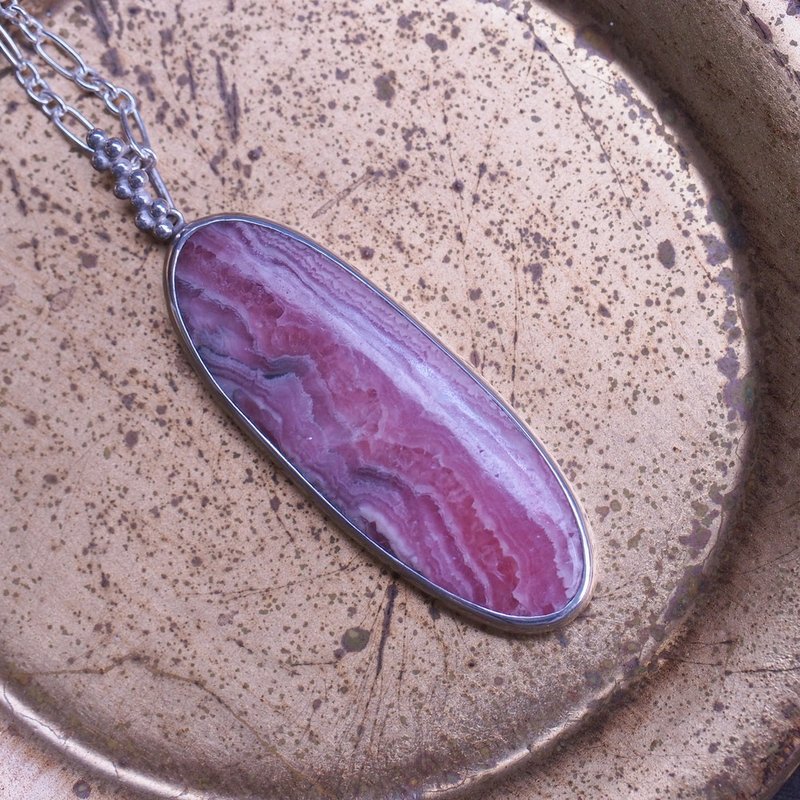 天然菱錳礦 手工純銀長鍊 印加玫瑰 阿根廷石 Rhodochrosite - 項鍊 - 寶石 粉紅色