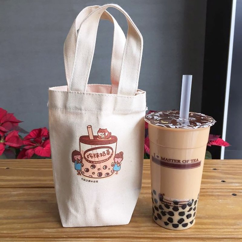 環保材質 杯袋/飲料提袋 - 珍珠奶茶 貓の日常 帆布飲料袋(冰壩杯杯) 手工印製 Canvas bag