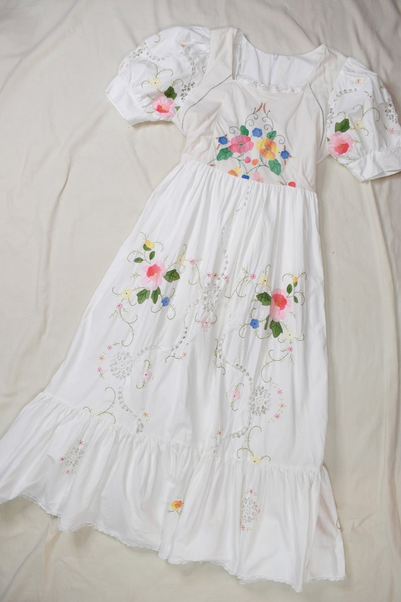 REMAKE| European embroidered tablecloth remade dress NO.2 - One Piece Dresses - Cotton & Hemp 