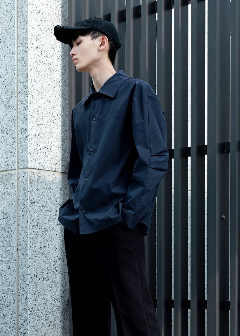 袖身打褶披領襯衫 - 男襯衫/休閒襯衫 - 棉．麻 藍色
