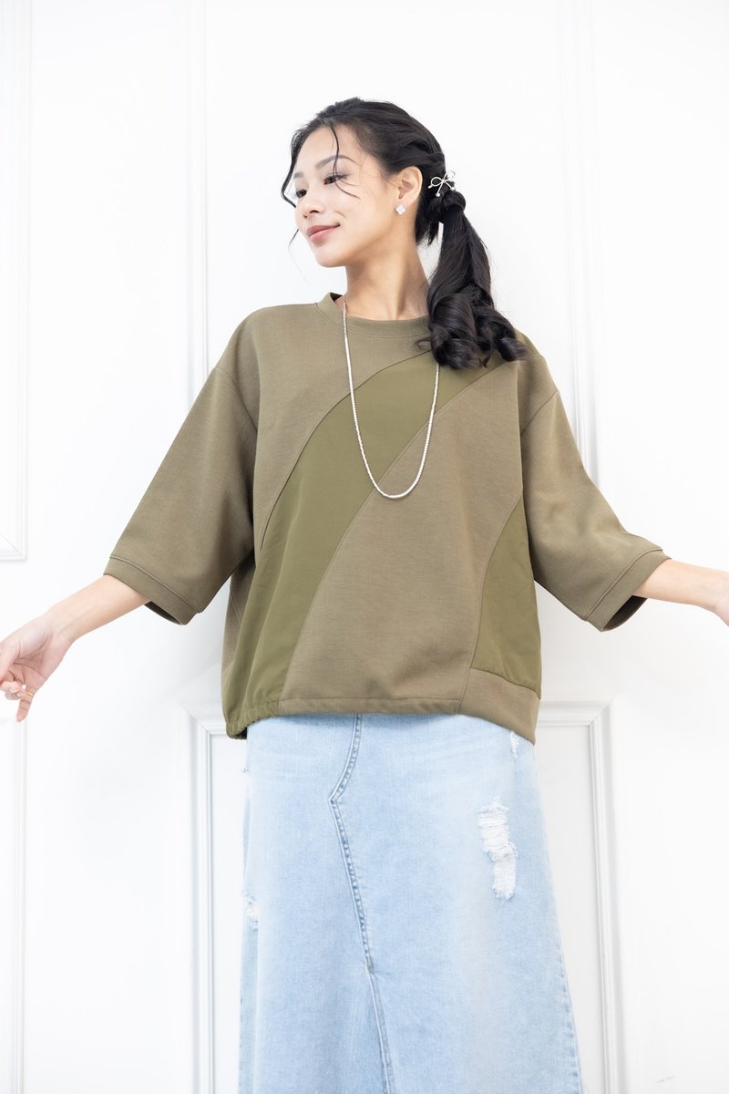 異材質拼接斜紋寬版上衣 軍綠色 - 女上衣/長袖上衣 - 其他材質 綠色