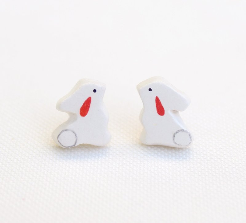 White rabbit earrings / can change ear clip - Earrings & Clip-ons - Clay White