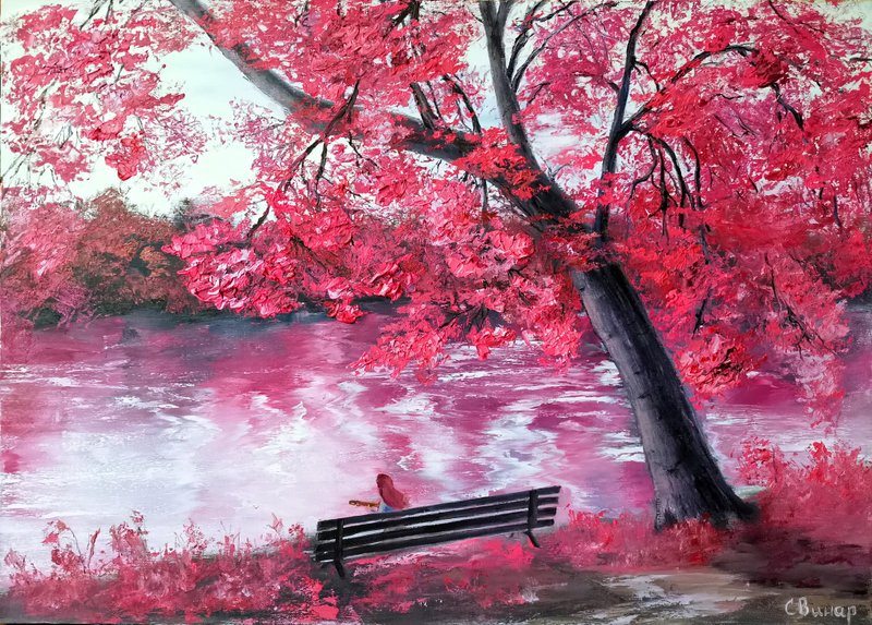 Impasto Art Original large Oil Painting Bright Landscape Girl Guitar Svinar Oksa - 其他 - 其他材質 多色