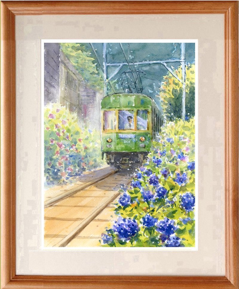 Made to order Original watercolor painting of hydrangea and train - โปสเตอร์ - กระดาษ สีเขียว