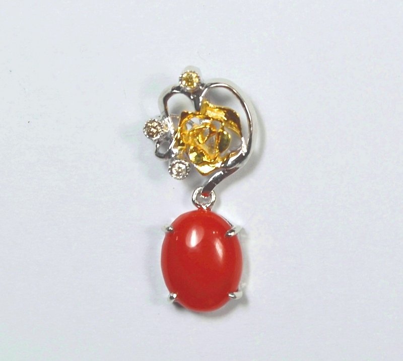 天然紅珊瑚鑽石白K金墬子 - 項鍊 - 半寶石 紅色