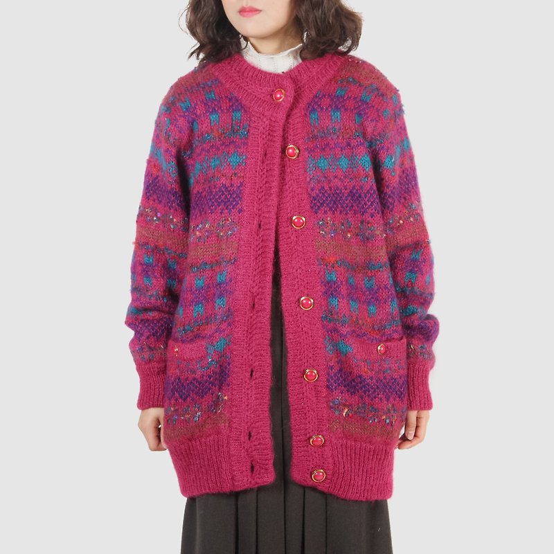 [Egg plant vintage] peach heart blossoming totem vintage open sweater coat - Women's Sweaters - Wool 