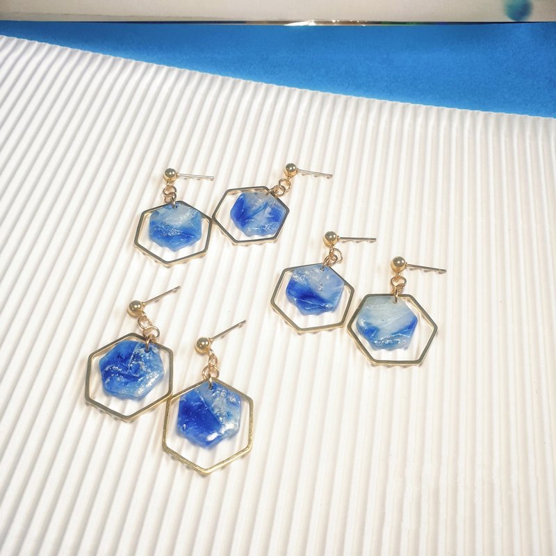 Blue Ocean | Hexagonal Style | Earrings/Earrings - ต่างหู - ดินเผา 