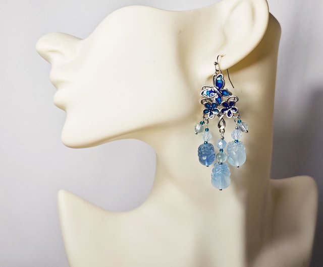 アクアマリン悪魔ブルー貔貅龍蝶幸運を引き付ける大宝石ピアス