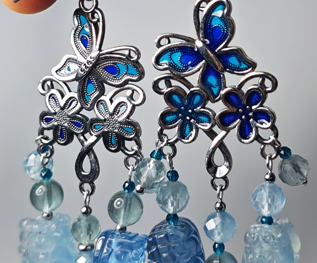 アクアマリン悪魔ブルー貔貅龍蝶幸運を引き付ける大宝石ピアス