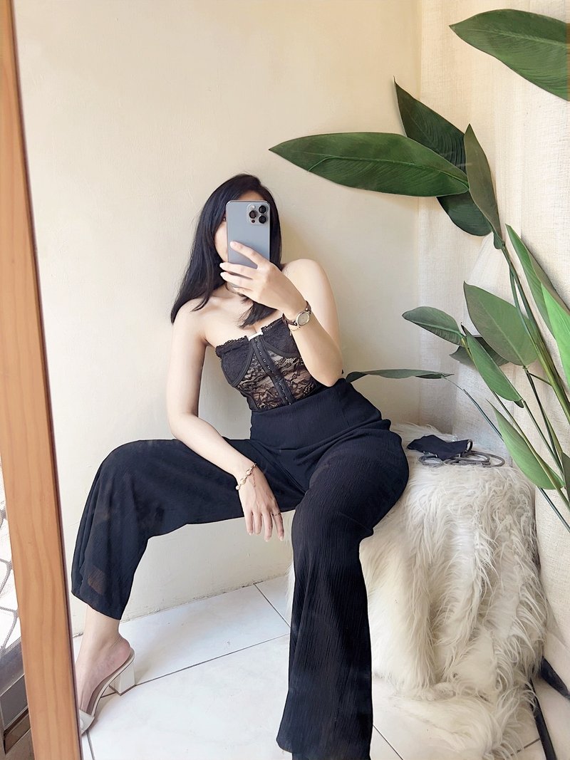 暗夜墨黑細直壓紋素面 古著紡紗壓紋薄料長褲寬褲 pants vintage - 女長褲 - 聚酯纖維 黑色