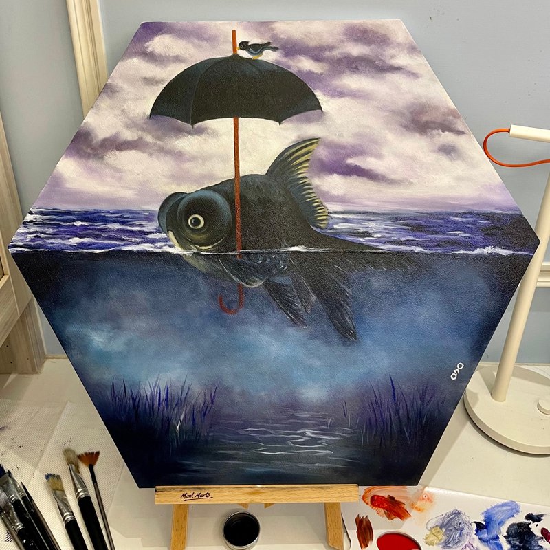 王咖咖 油畫-魚兒之上疫情之下-六角畫布 60cm - 海報/掛畫/掛布 - 顏料 藍色
