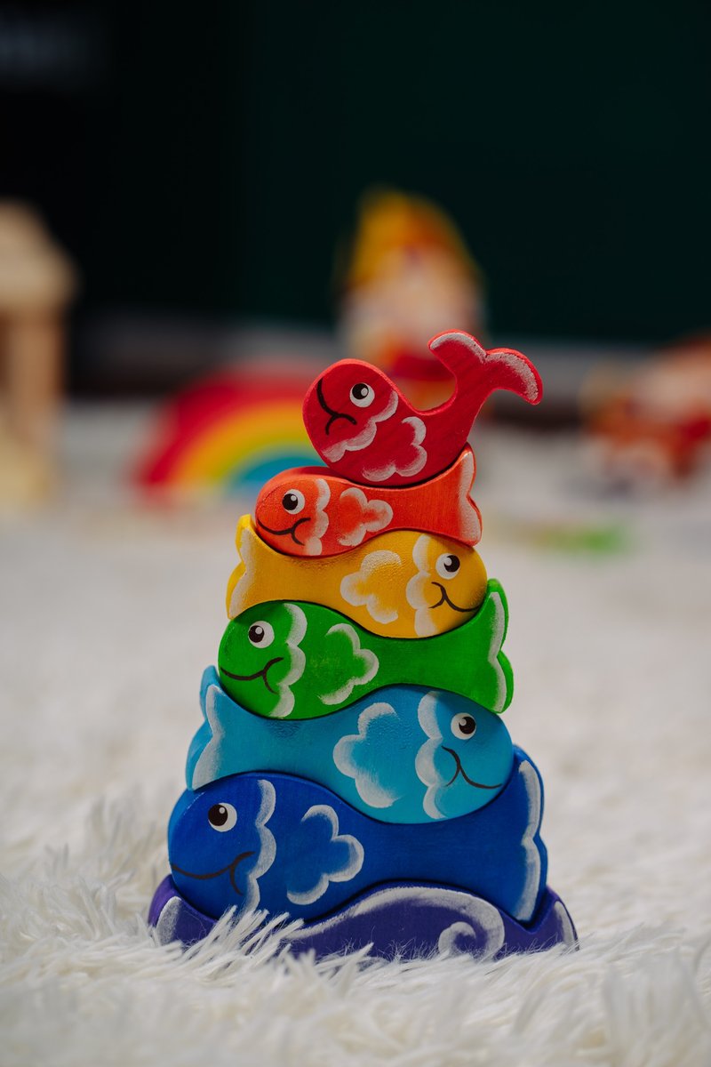 Wooden Stacking Toy: Rainbow Fishes&Water Pyramids , Stacker toy Montessori - Kids' Toys - Wood Multicolor