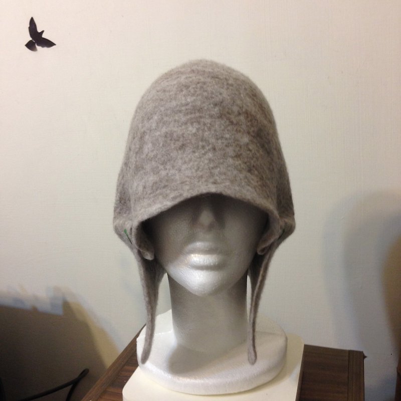 羊毛 帽子 灰色 - 羊毛氈圓頭覆耳帽(灰色原色未染羊毛)