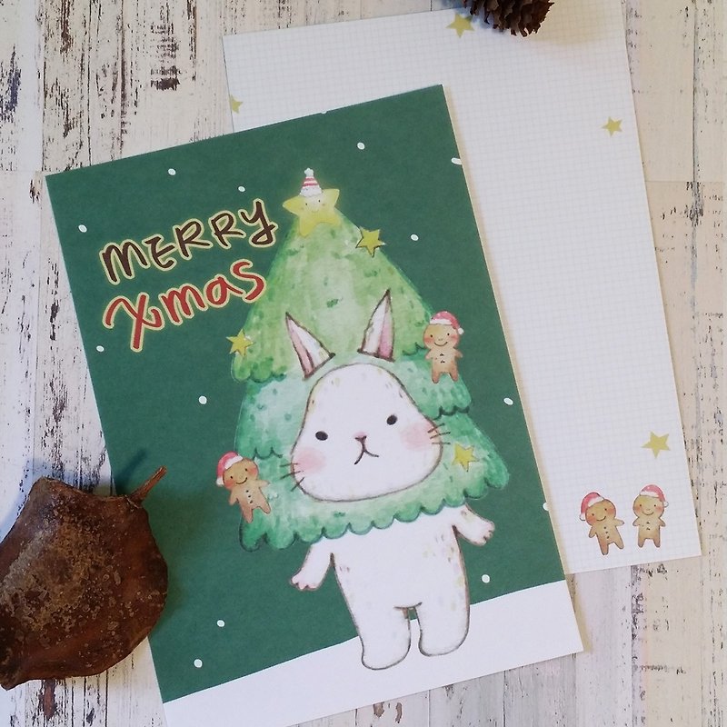 Big white rabbit wearing Christmas tree card Christmas card - Cards & Postcards - Paper Red