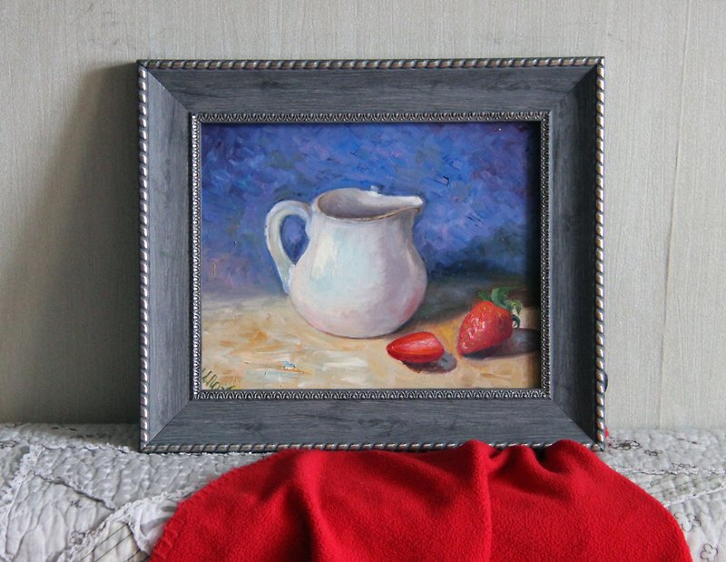 Strawberry and Creamer Painting Original Art Food Still Life Artwork Kitchen - 掛牆畫/海報 - 其他材質 多色