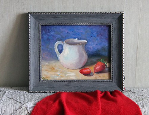 AmazingPaintingsIrina Strawberry and Creamer Painting Original Art Food Still Life Artwork Kitchen