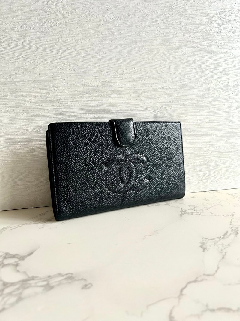 [LA LUNE] Second-hand Chanel caviar leather black long clip small Silver coin clutch bag - กระเป๋าสตางค์ - หนังแท้ สีดำ