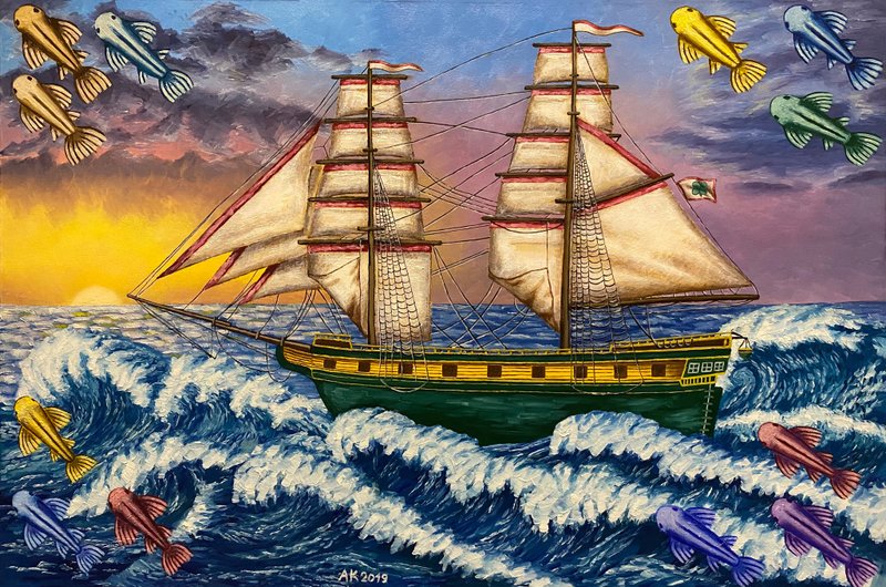 Ship of Luck, original oil painting, oil on canvas, seascape, yacht, symbolism - 壁貼/牆壁裝飾 - 其他材質 多色