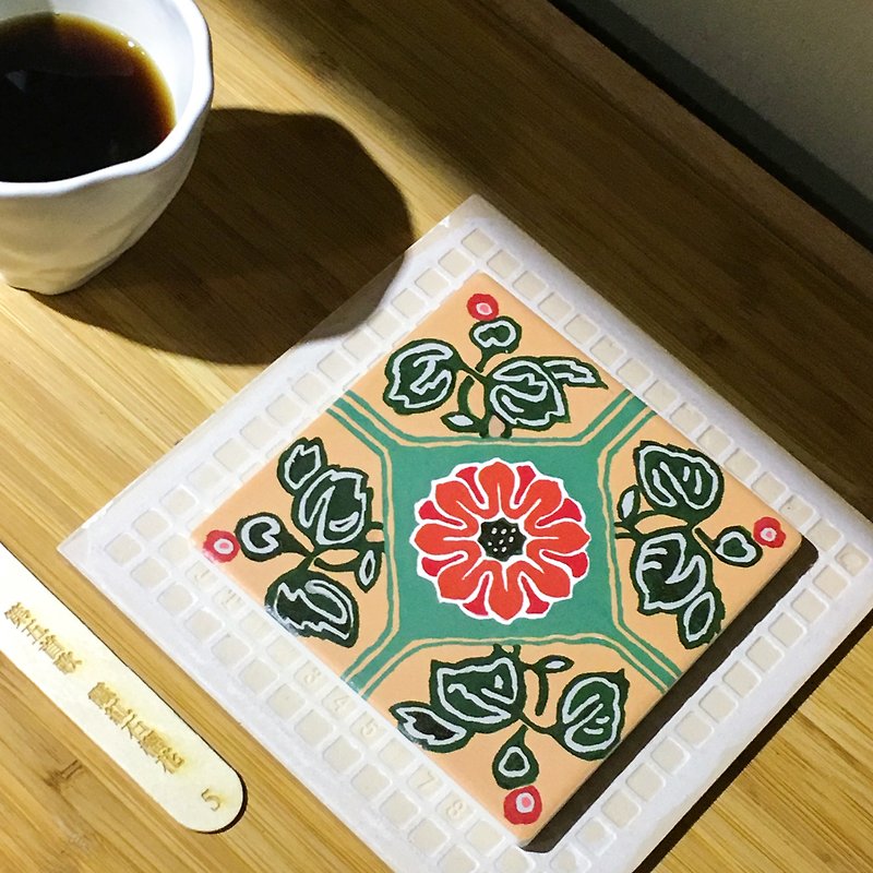 Taiwan Majolica Tiles Coaster【Rosy-red Pomegranate flowers】 - ที่รองแก้ว - ดินเผา สีส้ม