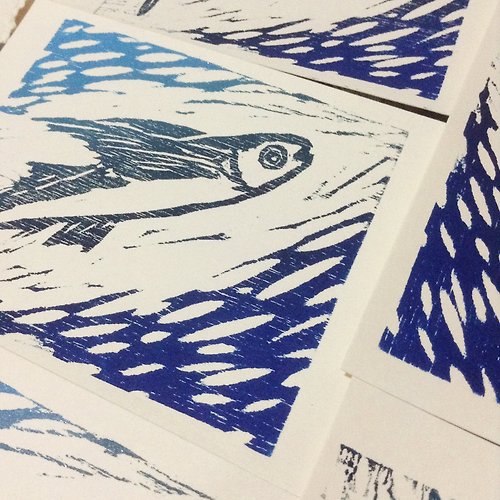 海時光 ‧ 紙巴士 木刻飛魚小卡 - 蘭嶼手工版印明信片