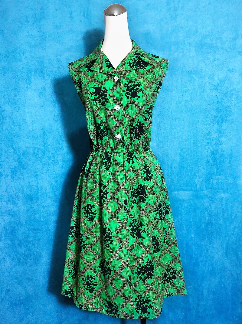 復古圖騰剪影花無袖古著洋裝 / 國外帶回 VINTAGE - 連身裙 - 聚酯纖維 綠色