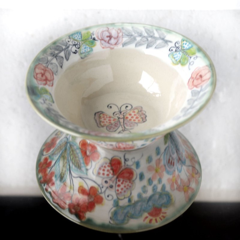 花と蝶絵のリム付き大きなbowl - 皿・プレート - 磁器 多色