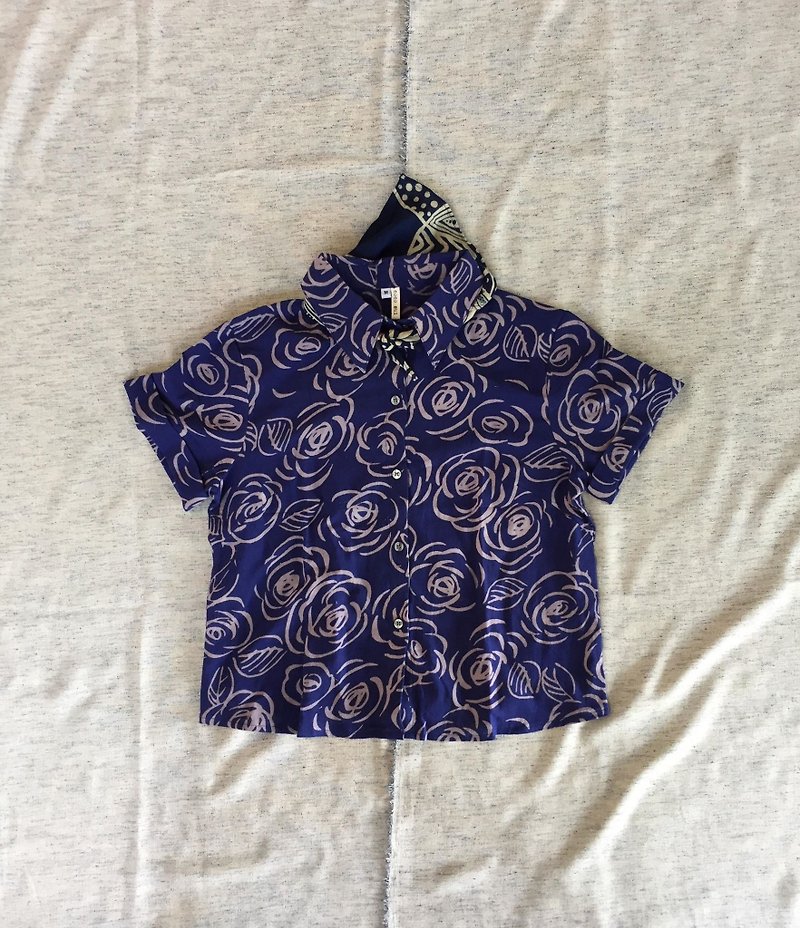 Blue rose cotton shirt - 恤衫 - 棉．麻 藍色