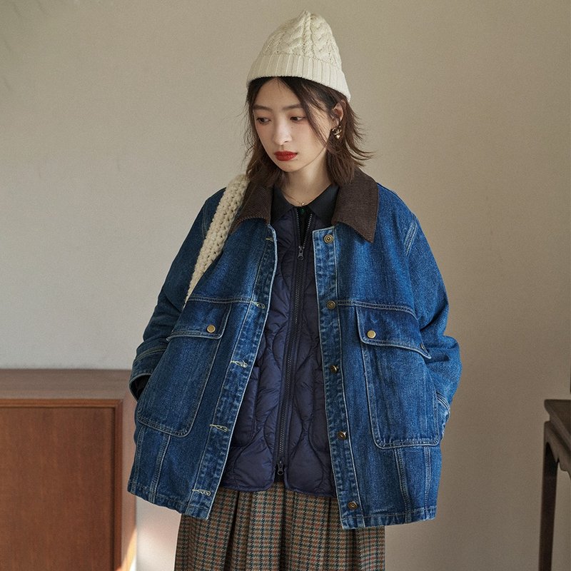 燈芯絨拼接內膽牛仔外套|外套|上衣|冬款|Sora-1416 - 女大衣/外套 - 棉．麻 藍色