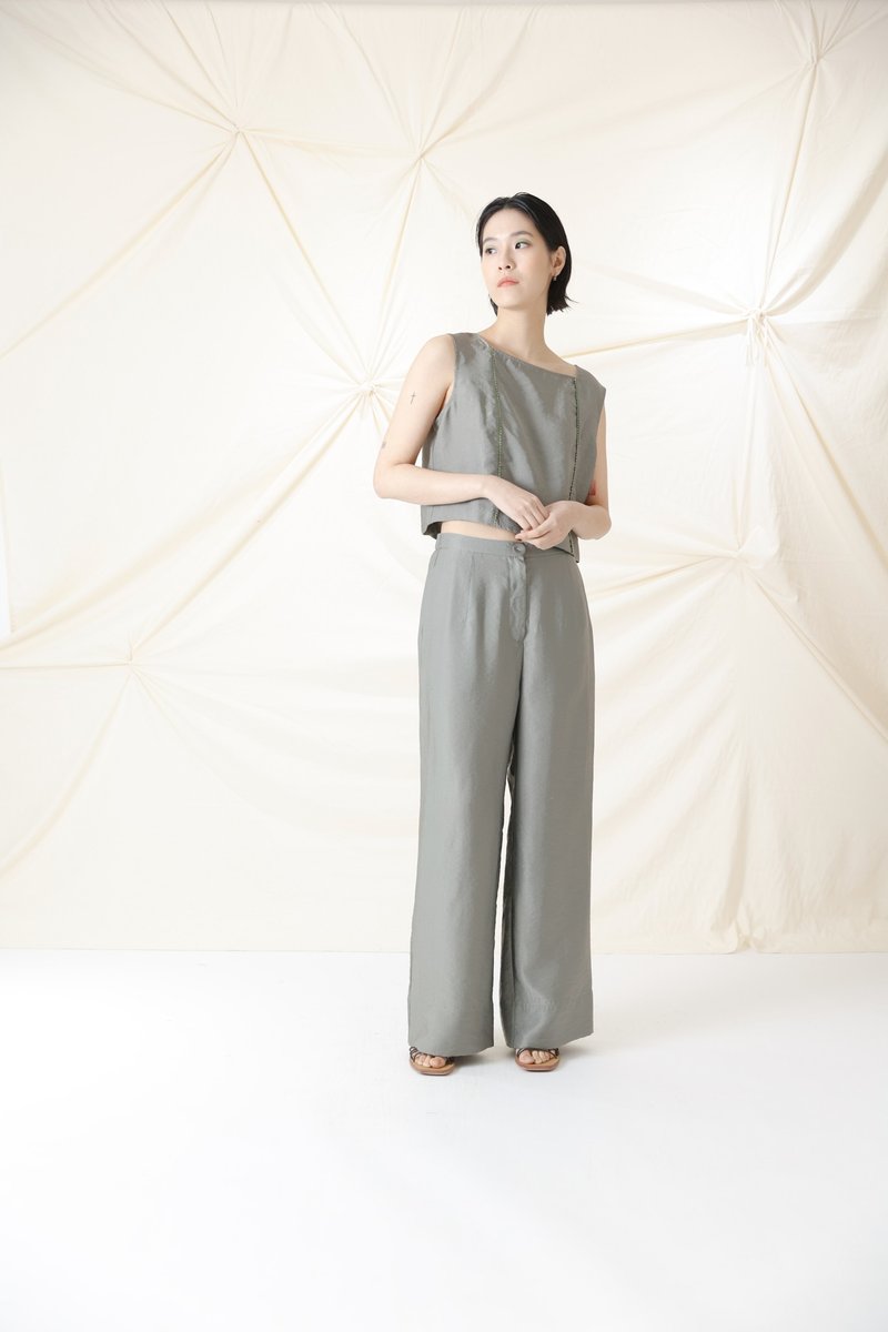 Straight leg elasticated trousers with back waist - กางเกงขายาว - ไฟเบอร์อื่นๆ สีเขียว