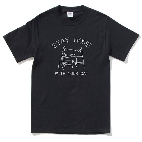 hipster STAY HOME WITH YOUR CAT 短袖T恤 黑色 跟你的貓咪待在家裡