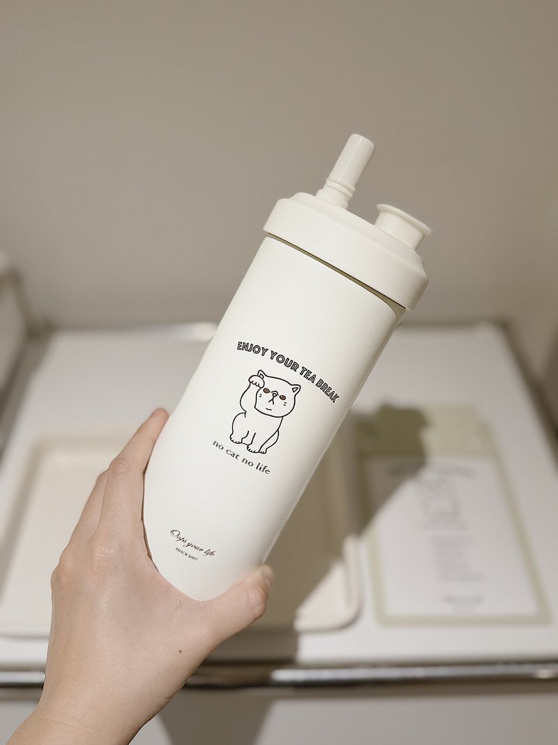 Fat Tiger Cat Pearl Milk Tea Straw Cup 720ml 316 Stainless Steel Insulated Cup - กระติกน้ำ - สแตนเลส ขาว