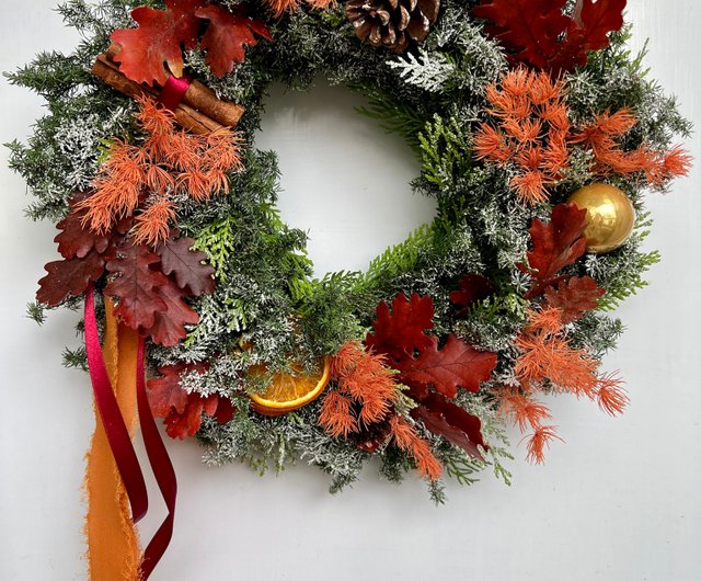 オレンジレッドの永遠のブナの葉のクリスマスリース-30 cm - ショップ
