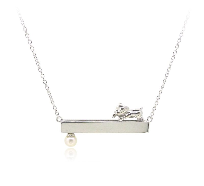 HK238~ Dog Shaped Silver Necklace With Akoya Pearl - Chokers - Silver Silver