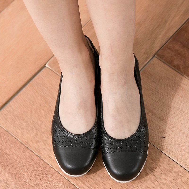 Maffeo 楔形鞋 休閒鞋 鏤空壓花美國進口牛皮厚底鞋(215木蘭黑) - 芭蕾舞鞋/平底鞋 - 真皮 黑色