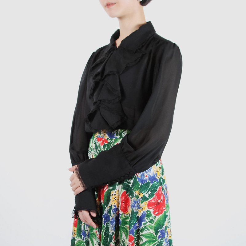 [Egg Plant Vintage] Night Crow Long Sleeve Black Vintage Shirt - Women's Shirts - Polyester Black