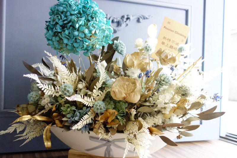 Potted Flower-Blue and Gold Tone Large Potted Flower Gift/Opening/New Home Completion/Birthday/Corporate Decoration - ช่อดอกไม้แห้ง - พืช/ดอกไม้ สีน้ำเงิน