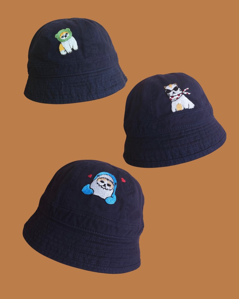 Navy Blue color of Cat Stitched Bucket,hand-embroidered canvas bucket hat - 帽子 - 棉．麻 藍色