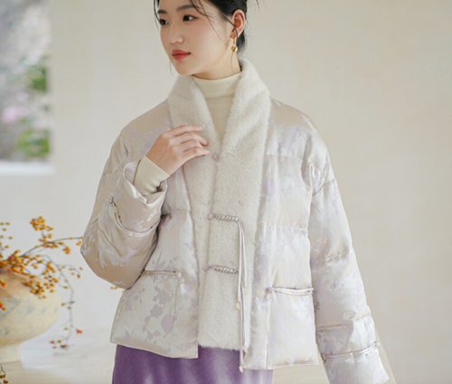 初蟬 新中式復古中國風 提花毛毛領短款羽絨服外套