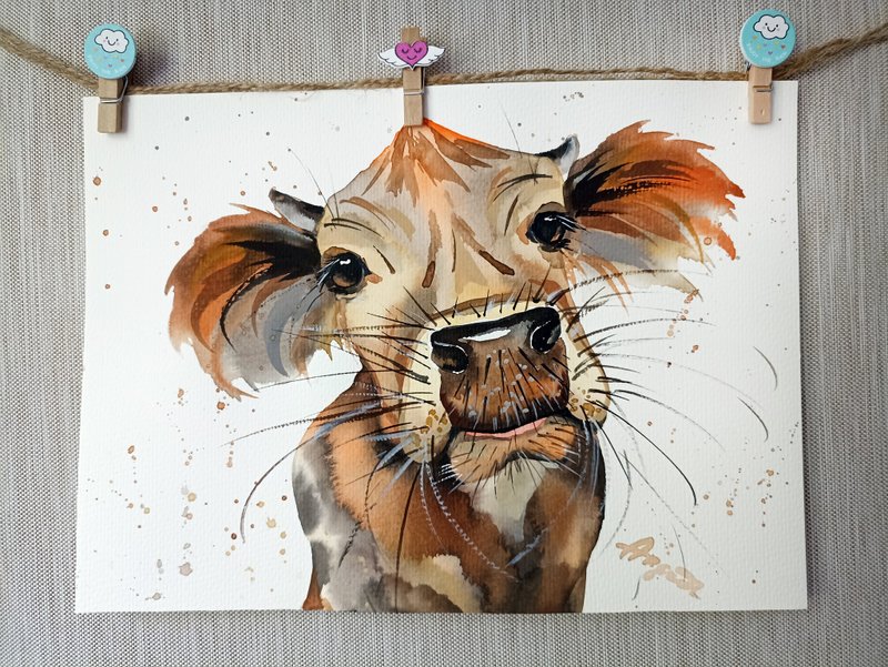 Watercolor original art cow animal room decor painting by Anne Gorywine - 壁貼/牆壁裝飾 - 紙 藍色