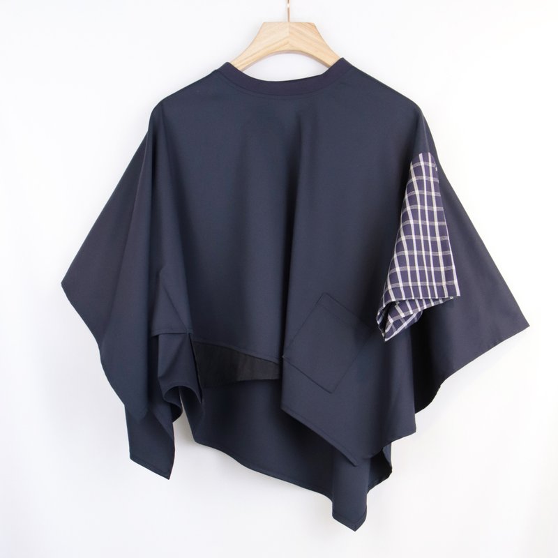 深藍 - 兩穿袖設計不規則拼接上衣 #T1345 - 女上衣/長袖上衣 - 聚酯纖維 藍色