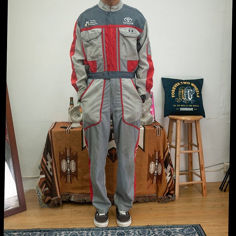 TOYOTA gray red jumpsuit auto repair vintage second-hand - Men's Pants - Cotton & Hemp Gray