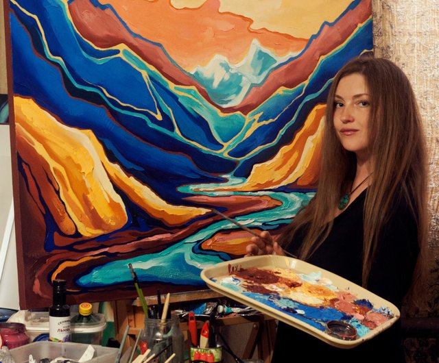 山の絵画風景ネパールオリジナル抽象アートワーク壁アートヒマラヤ