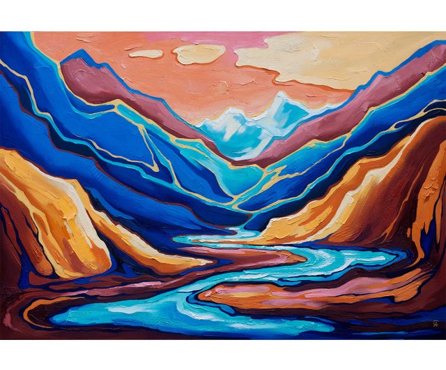 山の絵画風景ネパールオリジナル抽象アートワーク壁アート