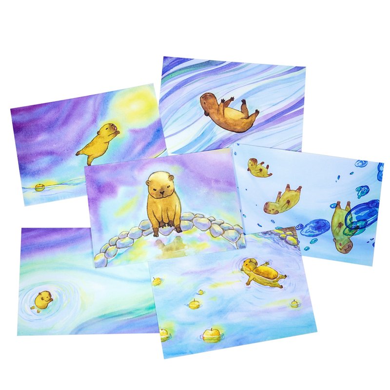 【水豚夢旅】水彩插畫 明信片 一套全六款 尋找夢想的故事 - 卡片/明信片 - 紙 紫色